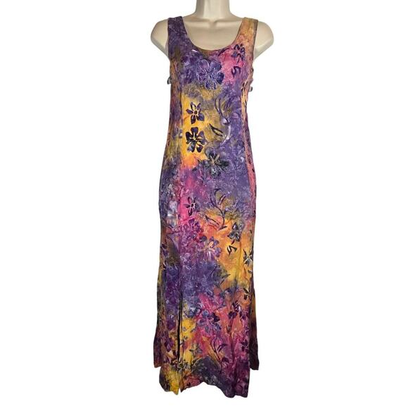 Vtg Tropical Tantrum Tie Dye Slit Maxi Beaded Dress Medium Multicolor Hawaiian - Picture 1 of 10